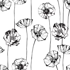 Papier Peint photo autocollant Coquelicots Modèle sans couture noir et blanc avec des coquelicots. Fond floral dessiné à la main.
