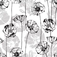 Fotobehang Klaprozen Monochroom naadloos patroon met papavers. Handgetekende bloemen achtergrond.