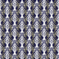Seamless vintage pattern from Persian ornament Buta.Silver with gradient buta elements are on the dark blue background.Can be repeated to any size without loss of resolution.