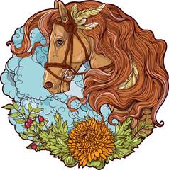 horse with clouds and flowers.