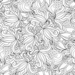 Black and white seamless pattern of orchid flowers.