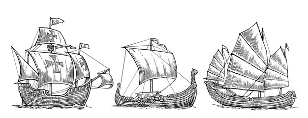 Caravel, drakkar, junk. Set sailing ships floating on the sea waves. Hand drawn design element. Vintage vector engraving illustration for poster, label, postmark. Isolated on white background