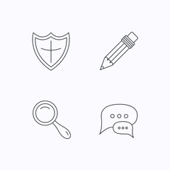 Chat speech bubbles, magnifier and pencil icons.