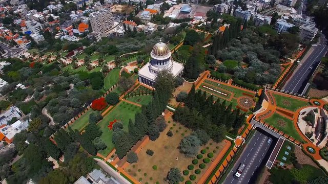 Bahai temple and gardens - 360 aerial around the golden dome aerial footage