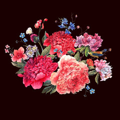  Vintage Floral Greeting Card with Watercolor Red Peonies