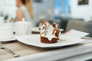 Chocolate cake on table