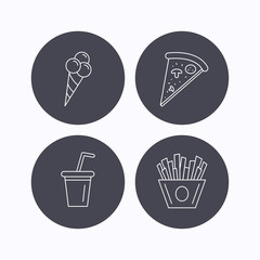 Ice cream, pizza and soft drink icons.