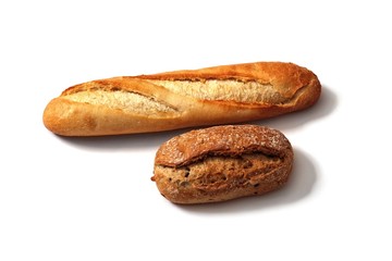 two pieces of bakery goods on white background