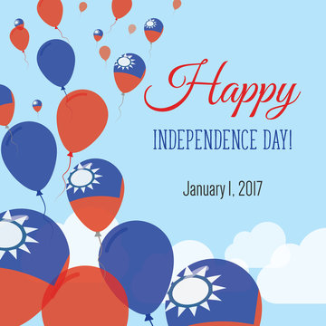 Independence Day Flat Greeting Card. Taiwan, Republic Of China Independence Day. Taiwanese Flag Balloons Patriotic Poster. Happy National Day Vector Illustration.