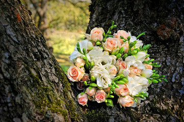 Obraz na płótnie Canvas fresh rose wedding bouquet on tree rind