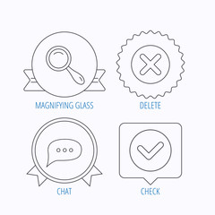Delete, check and chat speech bubble icons.