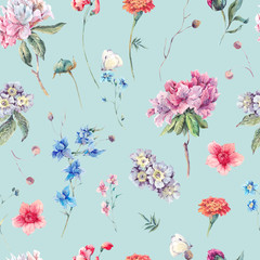 Seamless watercolor background with garden flowers