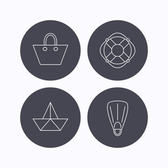 Paper boat, flippers and lifebuoy icons.