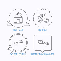Real estate, fire hose and gas counter icons.
