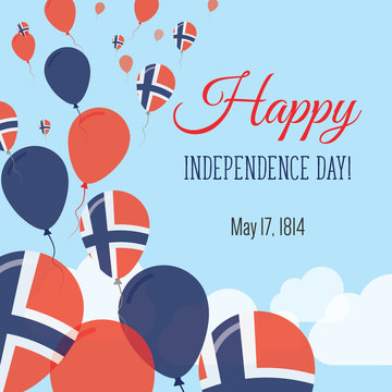 Independence Day Flat Greeting Card. Norway Independence Day. Norwegian Flag Balloons Patriotic Poster. Happy National Day Vector Illustration.