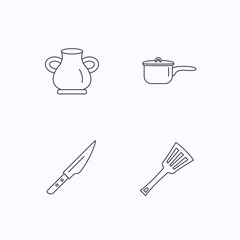 Saucepan, kithcen knife and utensils icons.