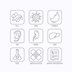 Pills, medical plaster and prescription icons.