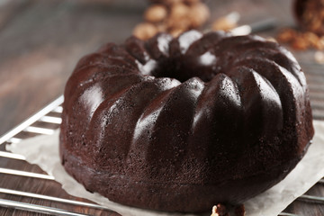 Chocolate muffin cake, on the table, close-up