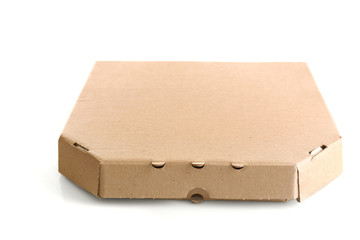 Cardboard pizza box isolated on white background, close up
