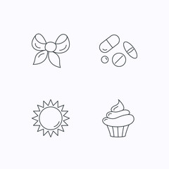 Medical pills, sun and bow-knot icons.
