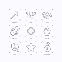 Money bag, star and bow icons. Leaf, pacifier.