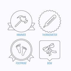 Footprint, bow and thermometer icons.