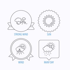 Weather, strong wind and rainy day icons.