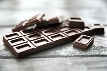 Chocolate pieces on wooden background