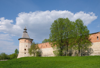 Ancient fortress sunny summer day. Towers and walls of the Kremlin in Zaraysk in Moscow region