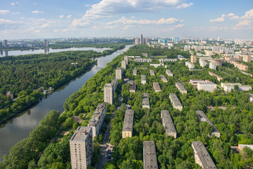 City landscape from a height. Moscow, view of the areas Horoshёvo-Mnevniki, Shchukino, Serebryany Bor and Strogino