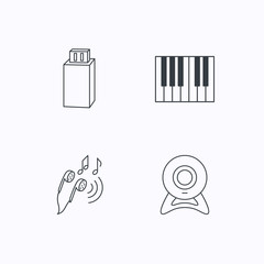 Headphones, web camera and USB flash icons.
