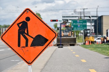 Traffic road sign, work ahead