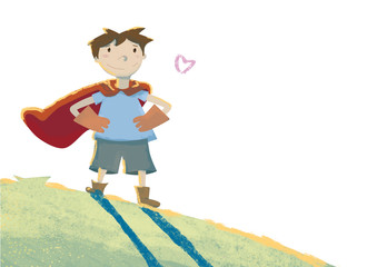 Child dreams of being a superhero. Playing outdoors. Happy boy in summer