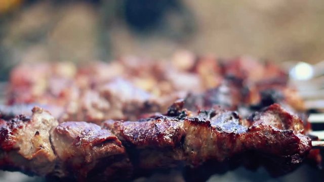 Meat grilled on skewers. Closeup. Cooking shish kebab. Food for barbecue party. Roasted meat with crust. Tasty grilled food. Macro. Pork meat prepared on fire. Cooked shashlik