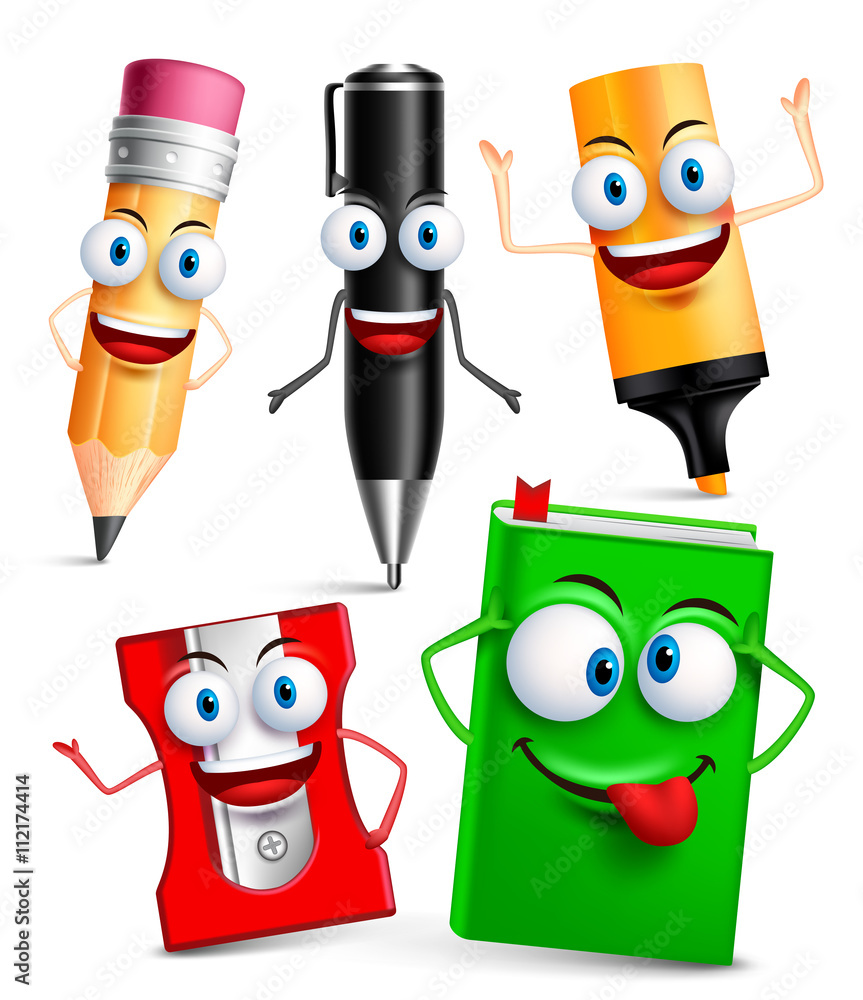 Poster vector character of school items funny mascot 3d set with gestures and facial expressions isolated i