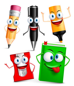 Vector character of school items funny mascot 3D set with gestures and facial expressions isolated in white background. Vector illustration
