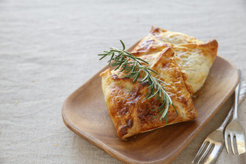 Homemade chicken puff pie, selective focus