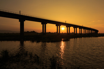 A train is crossing bridge at  Pa Sak Jolasid Dam, Thailand in sunset time