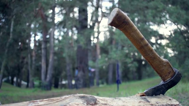 Iron axe in a tree trunk. Close up. Scene for horror movie. Chopping firewood. Camping in forest. Journey into wild. Danger for childrens playing on background. Ax close up.