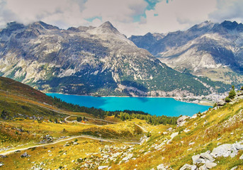 Naklejka premium Alp Surlej, mountain and beautiful lake at St.Moritz, Switzerland