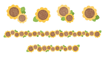 デフォルメ系ひまわりのアイコン・ライン　セット素材　白背景