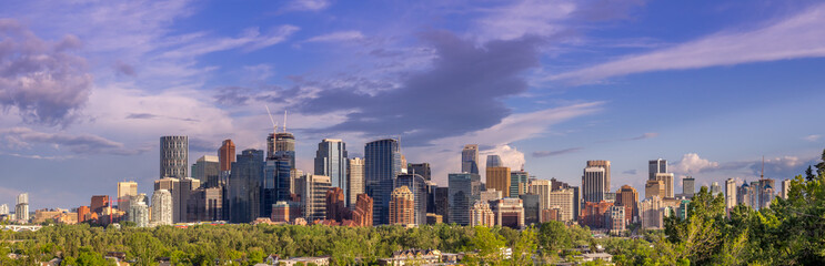 Fototapeta na wymiar View of the Calgary skyline in the evening with parkland in the foreground.