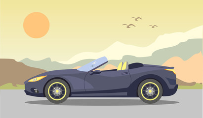 Fototapeta na wymiar Cabriolet in the background of mountains and the evening sunset. Vector illustration