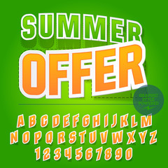 Bright sticker styled set of alphabet letters, numbers and punctuation symbols. Vector banner with text Summer offer