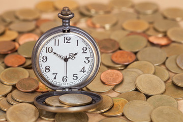 Business Money Concept Idea, Clock and Coins