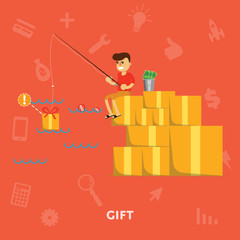 Man catches gifts flat abstract isolated vector illustration