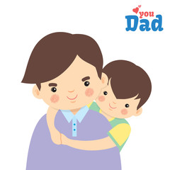 Father and son hugging together isolated on white background. Cartoon vector illustration.