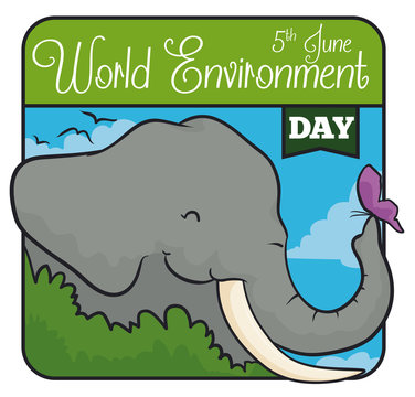 Elephant behind a Bush with a Butterfly in World Environment Day, Vector Illustration