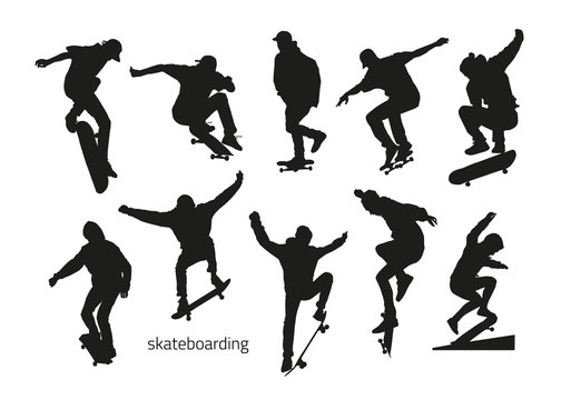 black silhouettes of skateboarders on a white background
