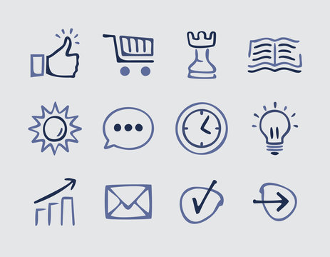 Collection of hand drawn business icons. Thumb up. Strategy. Graph. Doodle. Simple cartoon vector illustration.